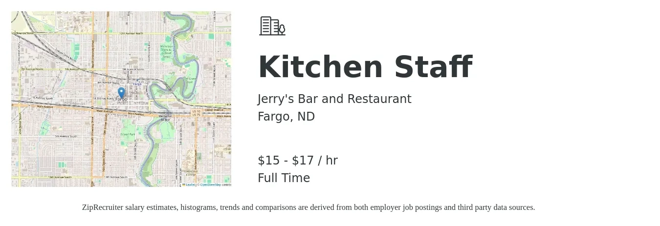Jerry's Bar and Restaurant job posting for a Kitchen Staff in Fargo, ND with a salary of $16 to $18 Hourly with a map of Fargo location.