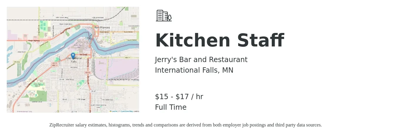 Jerry's Bar and Restaurant job posting for a Kitchen Staff in International Falls, MN with a salary of $16 to $18 Hourly with a map of International Falls location.