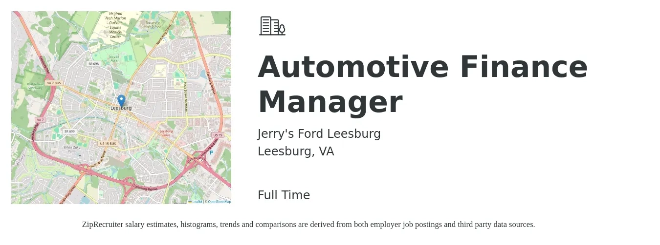 Jerry's Ford Leesburg job posting for a Automotive Finance Manager in Leesburg, VA with a salary of $112,300 to $183,500 Yearly with a map of Leesburg location.
