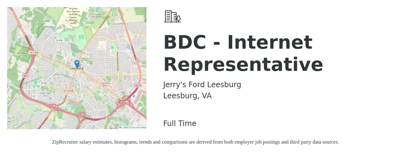 Jerry's Ford Leesburg job posting for a BDC - Internet Representative in Leesburg, VA with a salary of $15 to $20 Hourly with a map of Leesburg location.