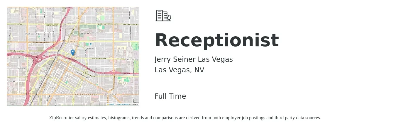 Jerry Seiner Las Vegas job posting for a Receptionist in Las Vegas, NV with a salary of $14 to $19 Hourly with a map of Las Vegas location.
