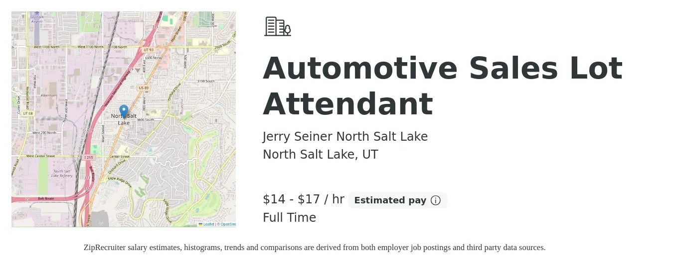Jerry Seiner North Salt Lake job posting for a Automotive Sales Lot Attendant in North Salt Lake, UT with a salary of $15 to $18 Hourly with a map of North Salt Lake location.