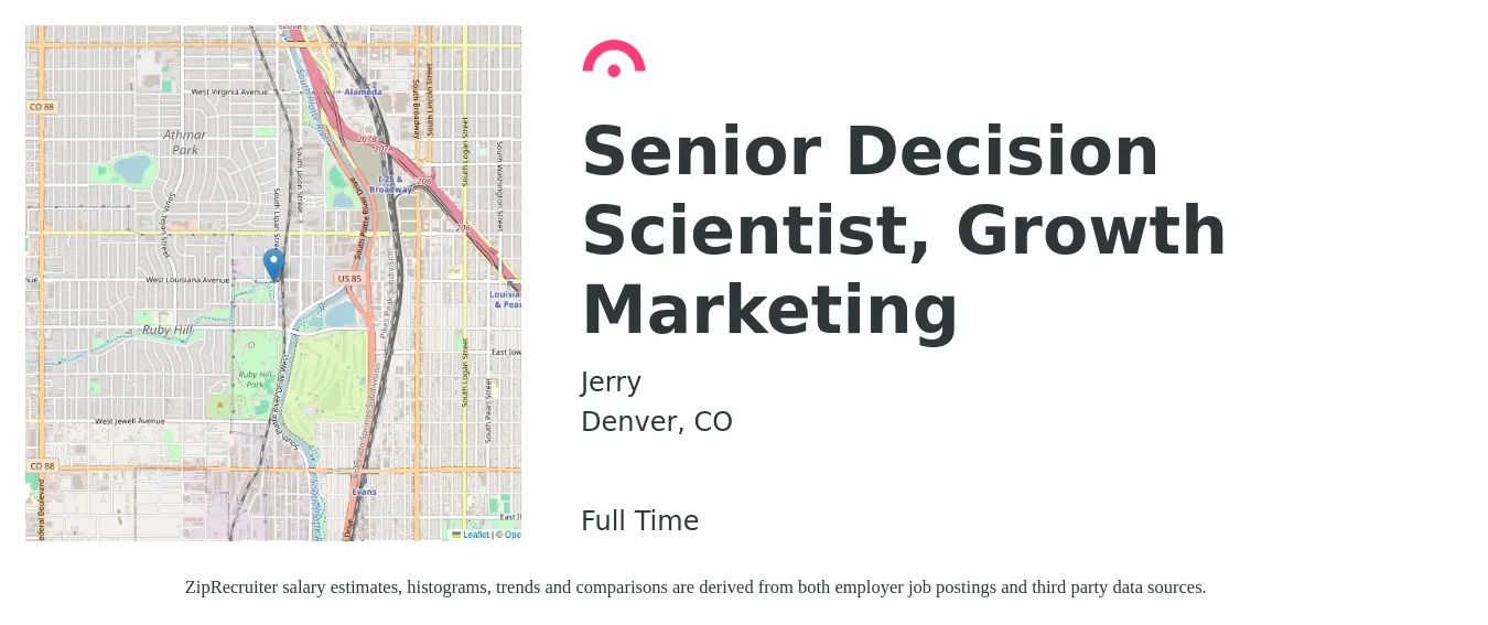 Jerry job posting for a Senior Decision Scientist, Growth Marketing in Denver, CO with a salary of $94,200 to $128,700 Yearly with a map of Denver location.