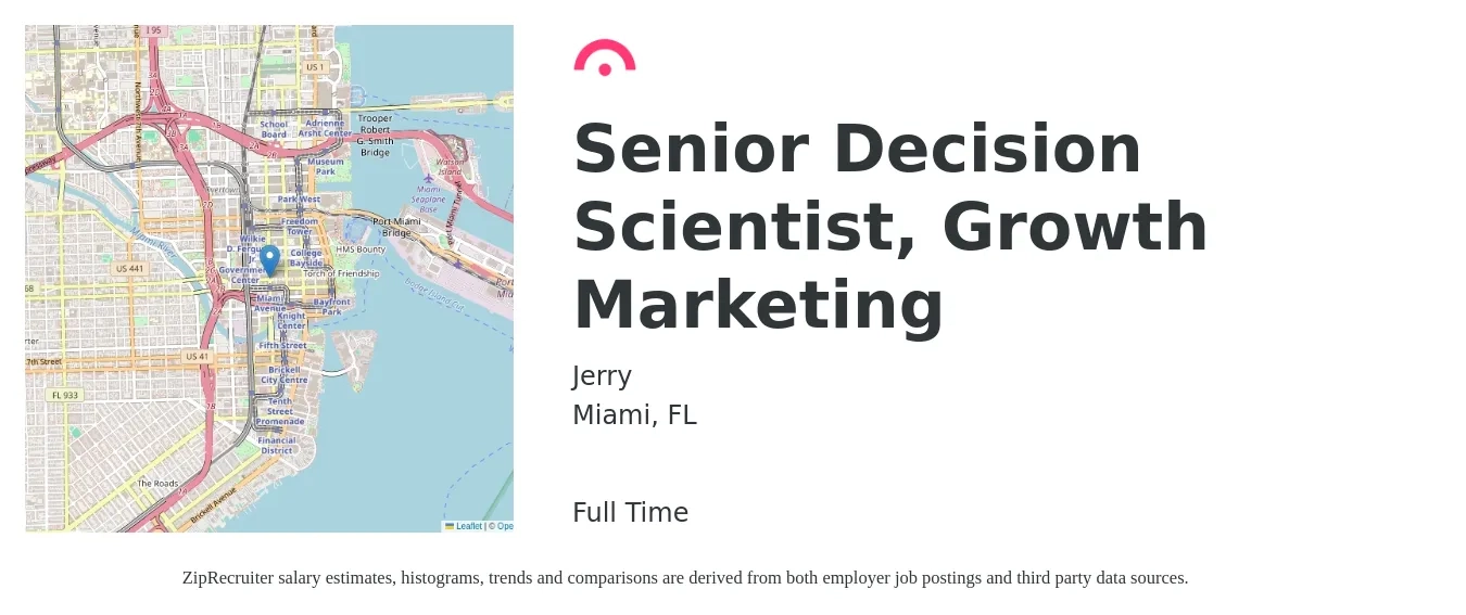 Jerry job posting for a Senior Decision Scientist, Growth Marketing in Miami, FL with a salary of $87,500 to $119,600 Yearly with a map of Miami location.