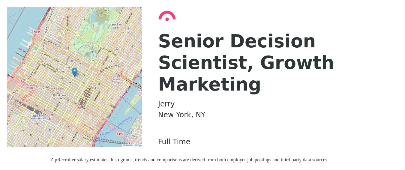 Jerry job posting for a Senior Decision Scientist, Growth Marketing in New York, NY with a salary of $100,100 to $136,800 Yearly with a map of New York location.
