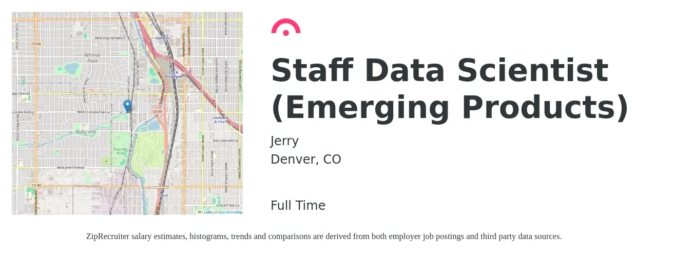 Jerry job posting for a Staff Data Scientist (Emerging Products) in Denver, CO with a salary of $101,400 to $140,000 Yearly with a map of Denver location.
