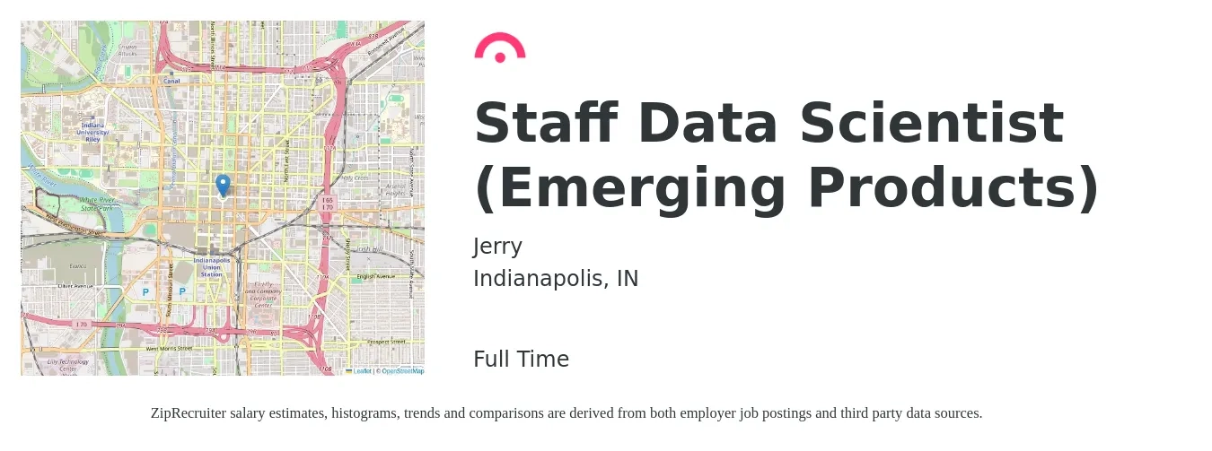 Jerry job posting for a Staff Data Scientist (Emerging Products) in Indianapolis, IN with a salary of $94,200 to $130,000 Yearly with a map of Indianapolis location.