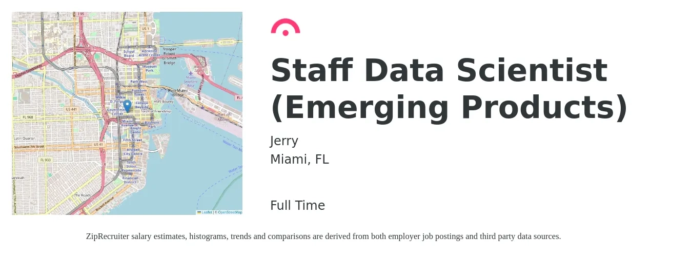 Jerry job posting for a Staff Data Scientist (Emerging Products) in Miami, FL with a salary of $94,200 to $130,100 Yearly with a map of Miami location.