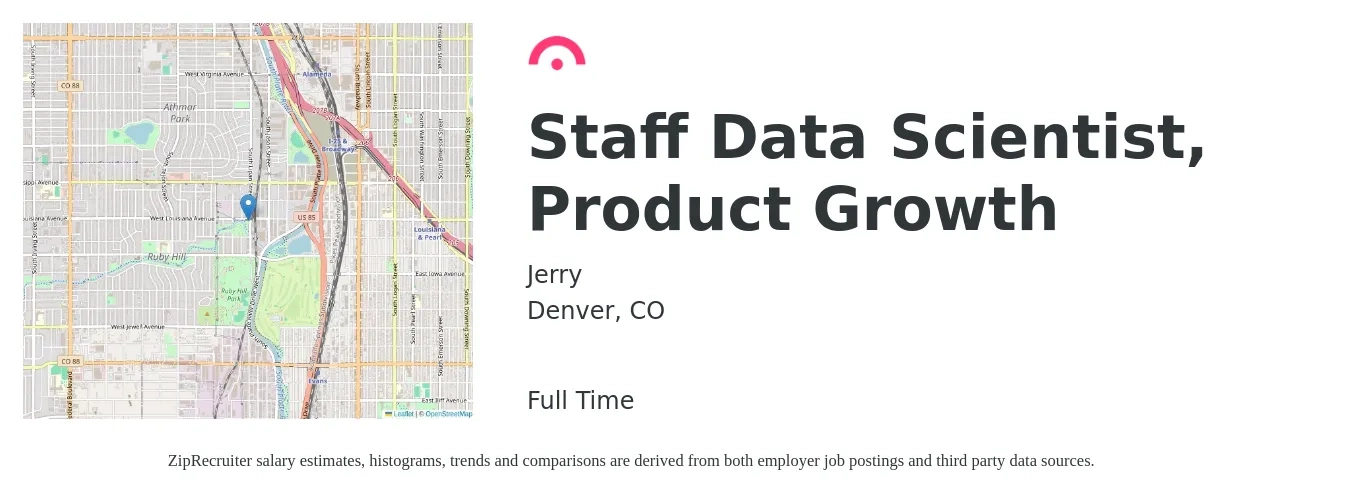 Jerry job posting for a Staff Data Scientist, Product Growth in Denver, CO with a salary of $101,400 to $140,000 Yearly with a map of Denver location.