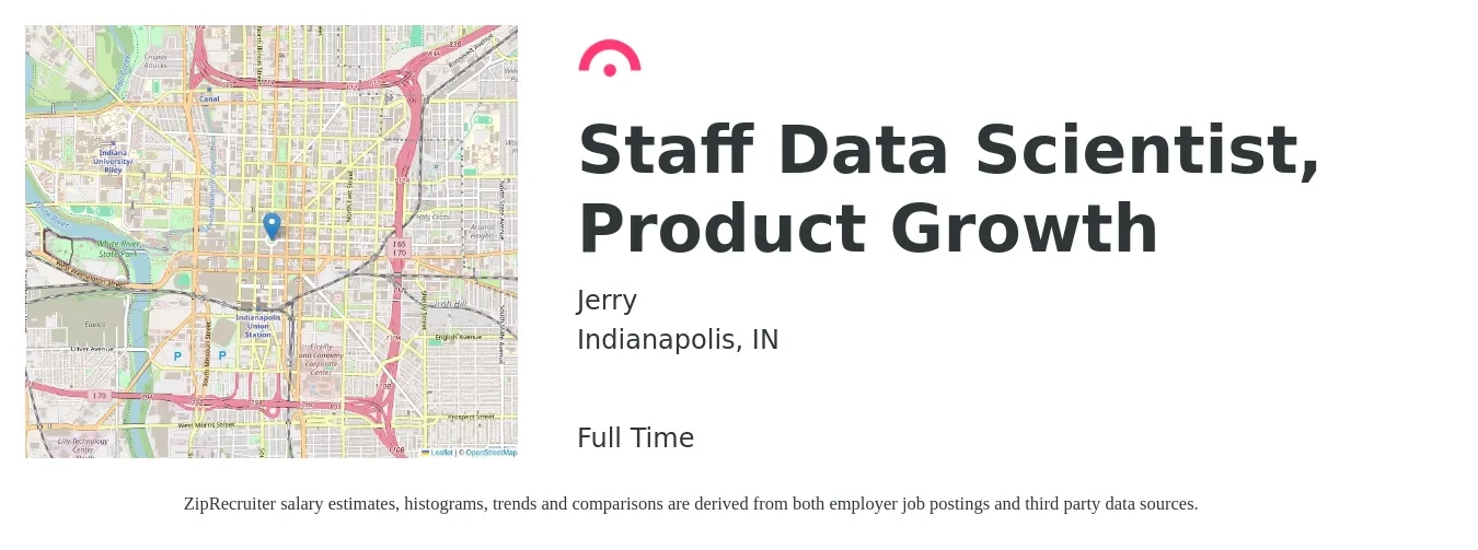 Jerry job posting for a Staff Data Scientist, Product Growth in Indianapolis, IN with a salary of $94,200 to $130,000 Yearly with a map of Indianapolis location.