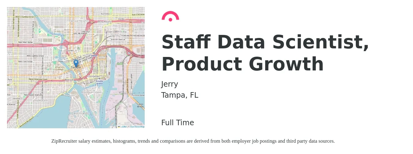 Jerry job posting for a Staff Data Scientist, Product Growth in Tampa, FL with a salary of $93,100 to $128,500 Yearly with a map of Tampa location.