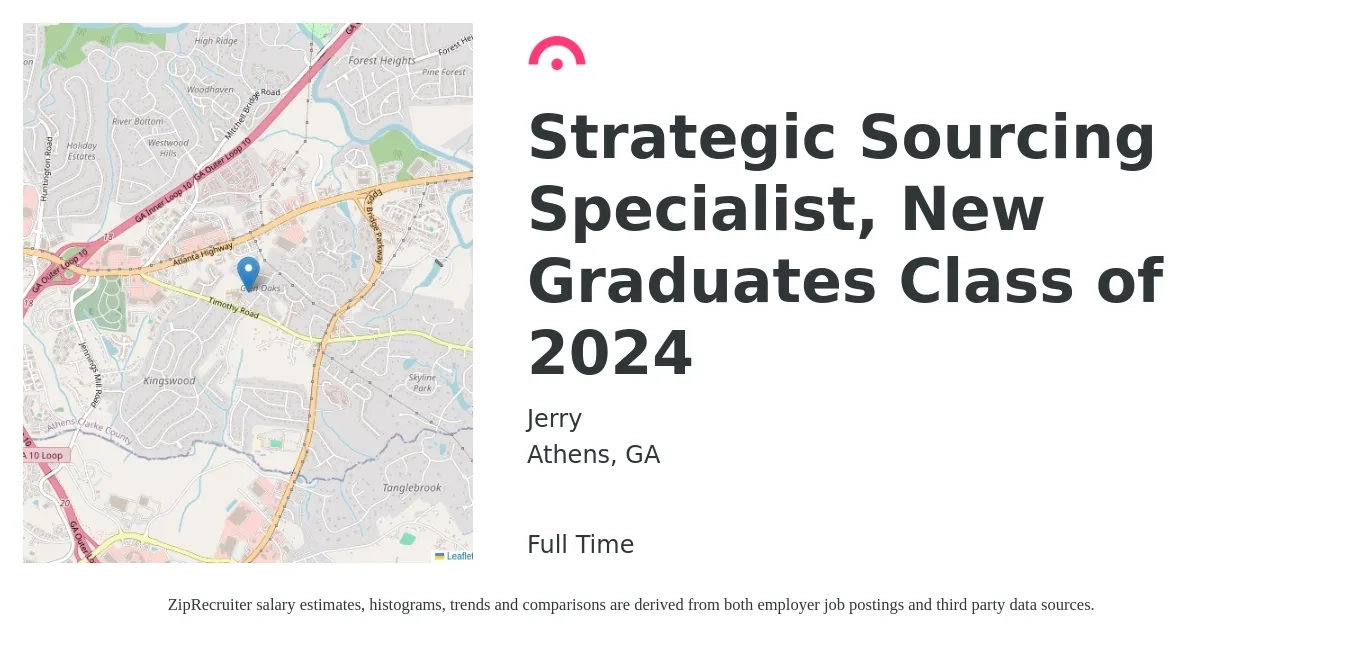Jerry job posting for a Strategic Sourcing Specialist, New Graduates Class of 2024 in Athens, GA with a salary of $51,700 to $109,600 Yearly with a map of Athens location.
