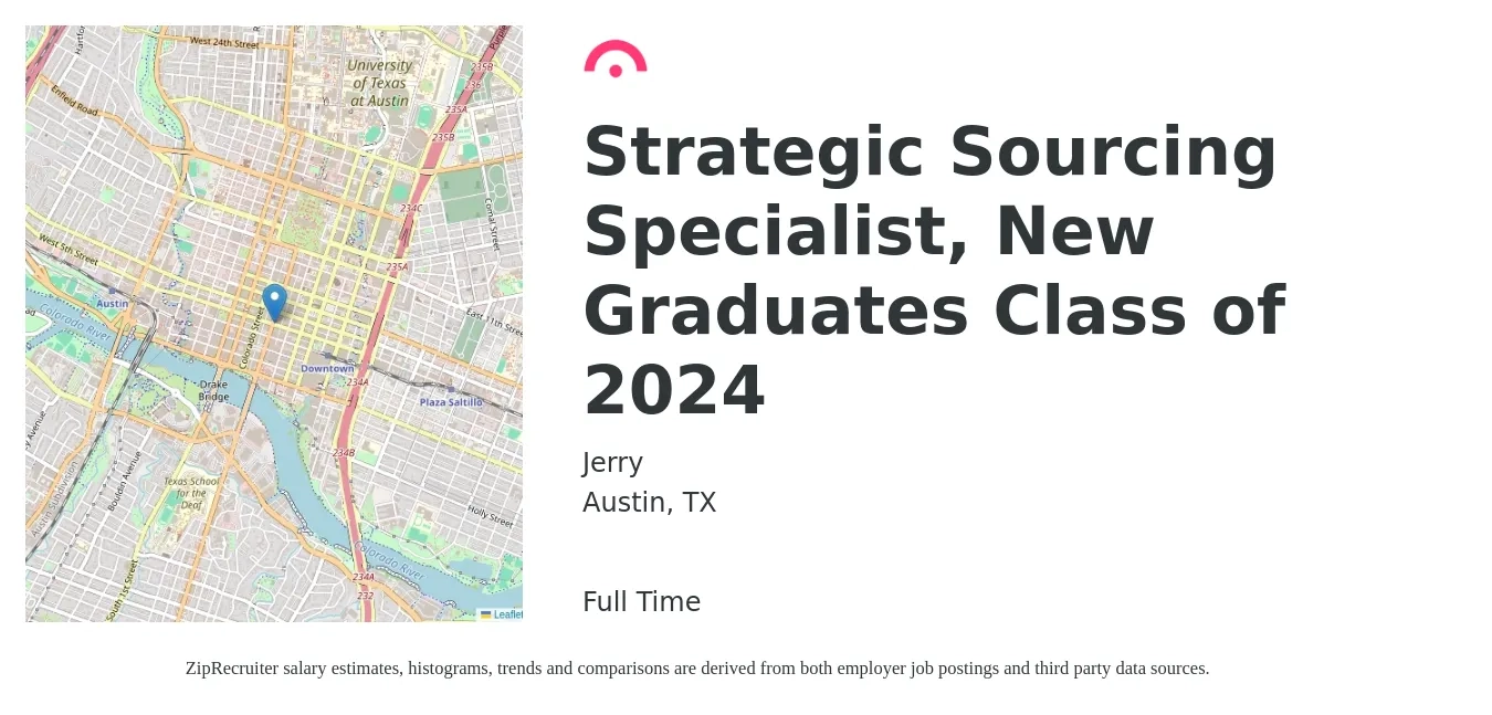 Jerry job posting for a Strategic Sourcing Specialist, New Graduates Class of 2024 in Austin, TX with a salary of $53,000 to $112,500 Yearly with a map of Austin location.
