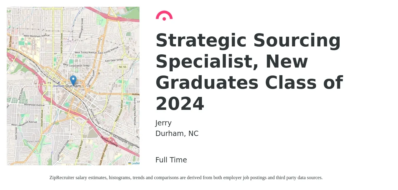 Jerry job posting for a Strategic Sourcing Specialist, New Graduates Class of 2024 in Durham, NC with a salary of $51,700 to $109,700 Yearly with a map of Durham location.