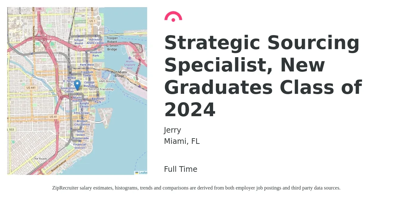 Jerry job posting for a Strategic Sourcing Specialist, New Graduates Class of 2024 in Miami, FL with a salary of $51,200 to $108,600 Yearly with a map of Miami location.