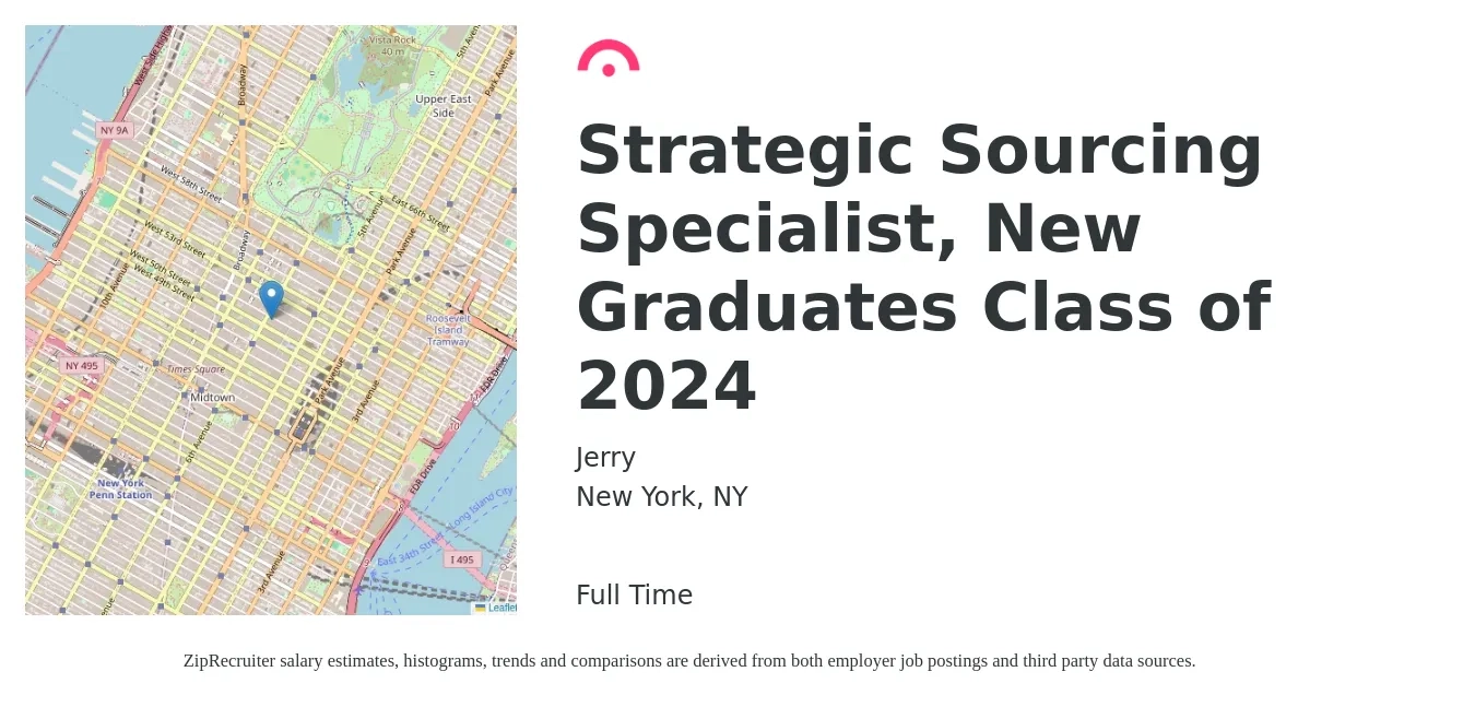 Jerry job posting for a Strategic Sourcing Specialist, New Graduates Class of 2024 in New York, NY with a salary of $58,500 to $124,200 Yearly with a map of New York location.