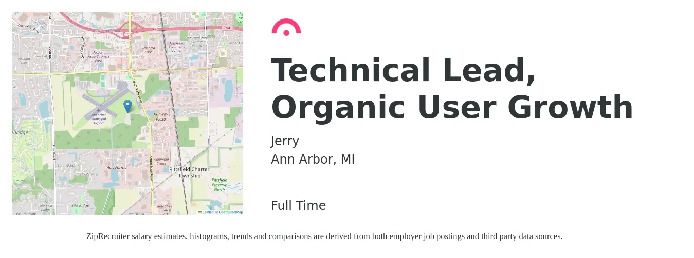 Jerry job posting for a Technical Lead, Organic User Growth in Ann Arbor, MI with a salary of $113,500 to $200,600 Yearly with a map of Ann Arbor location.