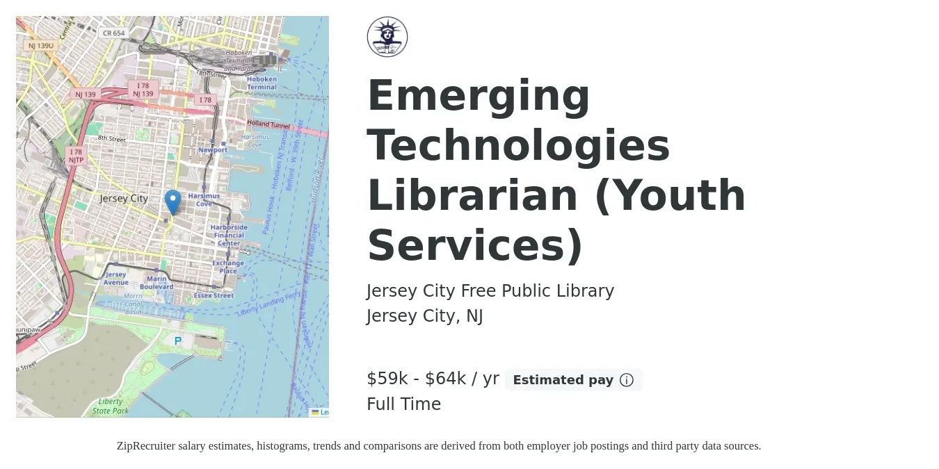 Jersey City Free Public Library job posting for a Emerging Technologies Librarian (Youth Services) in Jersey City, NJ with a salary of $59,995 to $64,504 Yearly with a map of Jersey City location.
