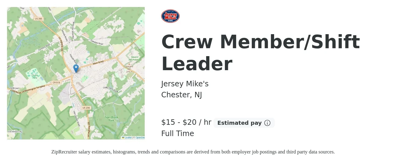 Jersey Mike's job posting for a Crew Member/Shift Leader in Chester, NJ with a salary of $18 to $23 Hourly with a map of Chester location.