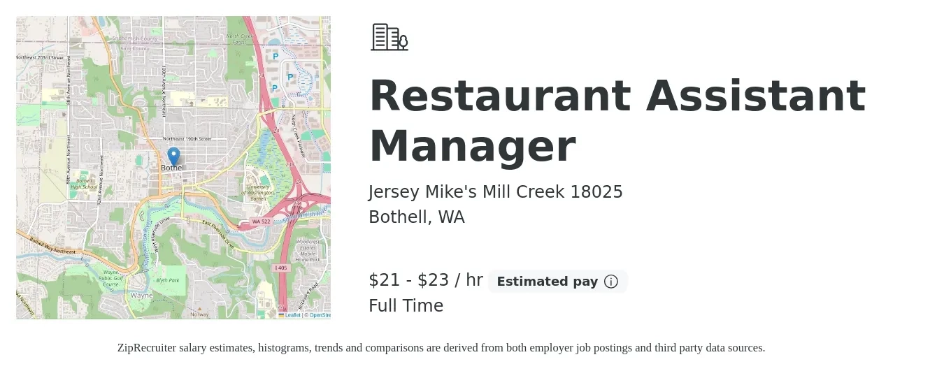 Jersey Mike's Mill Creek 18025 job posting for a Restaurant Assistant Manager in Bothell, WA with a salary of $22 to $24 Hourly with a map of Bothell location.