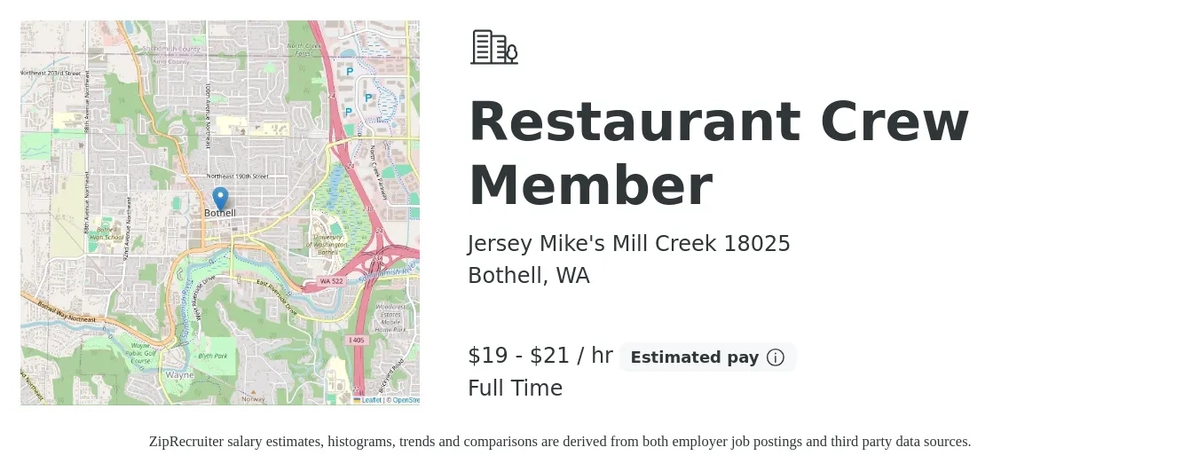 Jersey Mike's Mill Creek 18025 job posting for a Restaurant Crew Member in Bothell, WA with a salary of $20 to $22 Hourly with a map of Bothell location.
