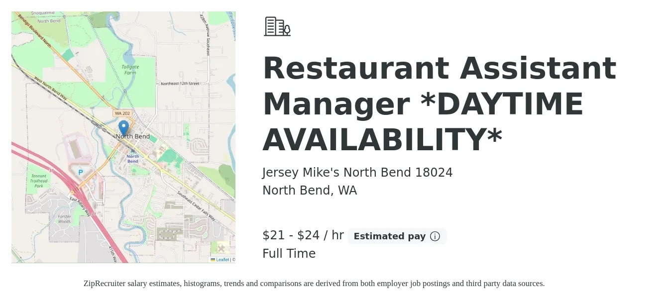 Jersey Mike's North Bend 18024 job posting for a Restaurant Assistant Manager *DAYTIME AVAILABILITY* in North Bend, WA with a salary of $22 to $25 Hourly with a map of North Bend location.