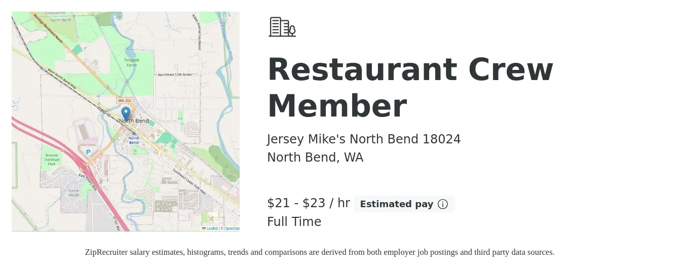 Jersey Mike's North Bend 18024 job posting for a Restaurant Crew Member in North Bend, WA with a salary of $22 to $24 Hourly with a map of North Bend location.
