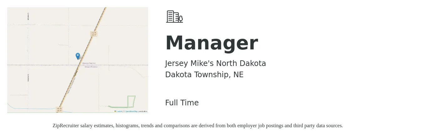 Jersey Mike's North Dakota job posting for a Manager in Dakota Township, NE with a salary of $15 to $18 Hourly with a map of Dakota Township location.
