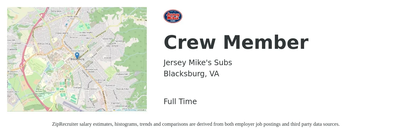 Jersey Mike's Subs job posting for a Crew Member in Blacksburg, VA with a salary of $10 to $14 Hourly with a map of Blacksburg location.
