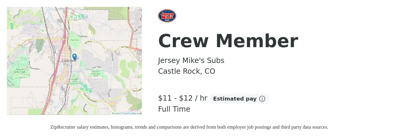 Jersey Mike's Subs job posting for a Crew Member in Castle Rock, CO with a salary of $12 to $13 Hourly with a map of Castle Rock location.