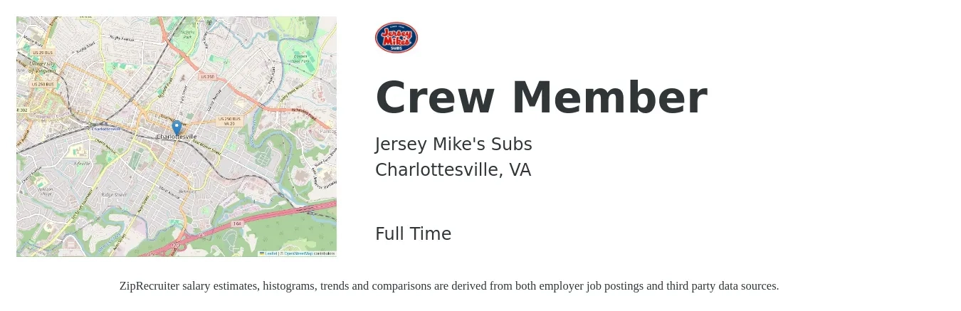 Jersey Mike's Subs job posting for a Crew Member in Charlottesville, VA with a salary of $12 to $15 Hourly with a map of Charlottesville location.