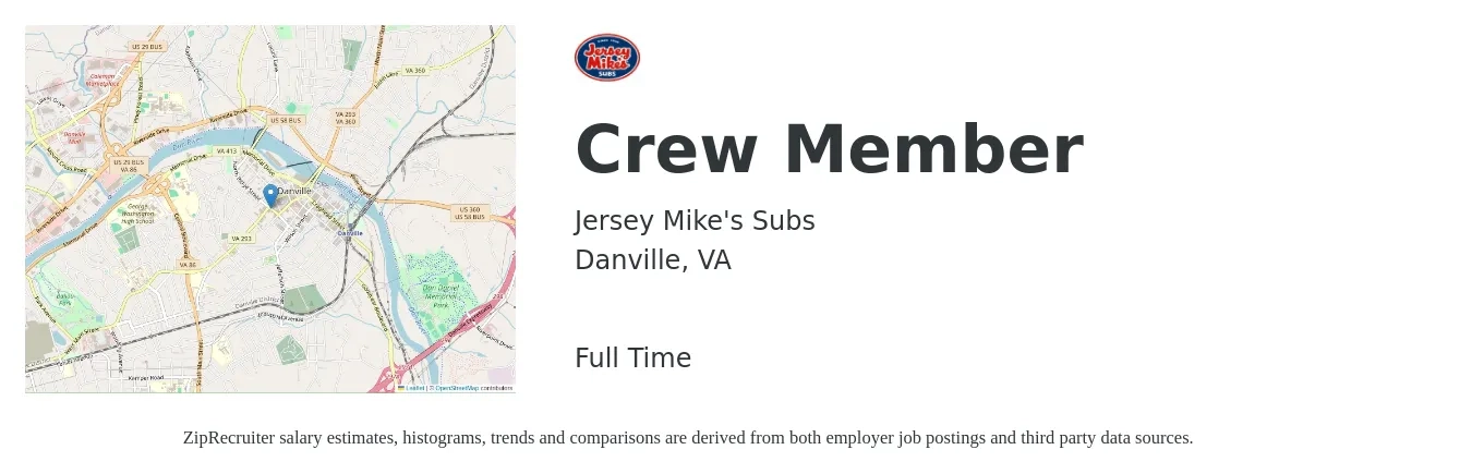 Jersey Mike's Subs job posting for a Crew Member in Danville, VA with a salary of $11 to $14 Hourly with a map of Danville location.