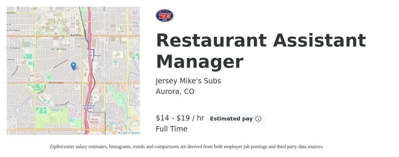 Jersey Mike's Subs job posting for a Restaurant Assistant Manager in Aurora, CO with a salary of $15 to $20 Hourly with a map of Aurora location.