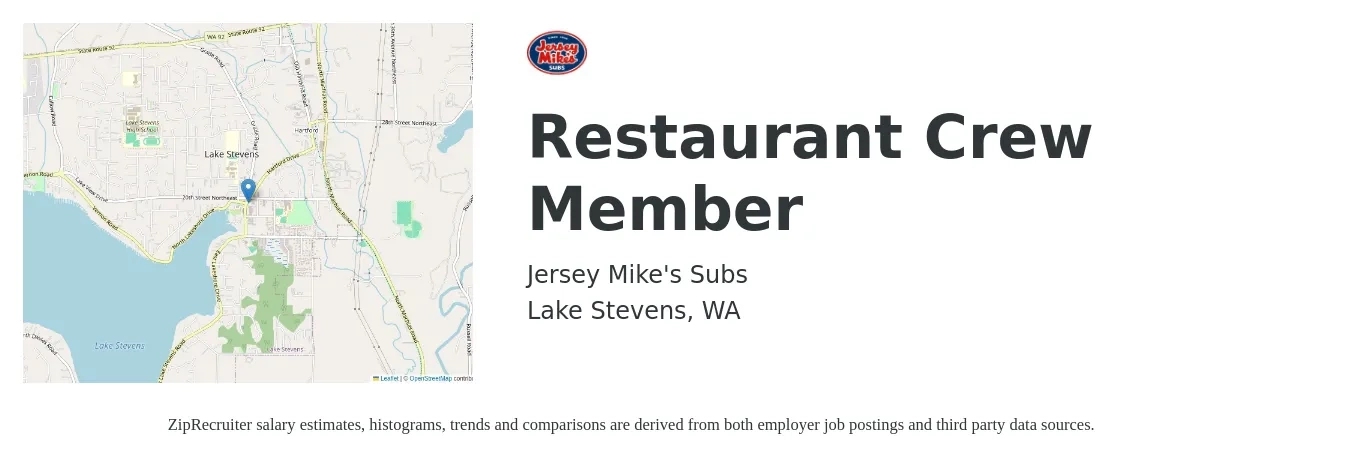 Jersey Mike's Subs job posting for a Restaurant Crew Member in Lake Stevens, WA with a salary of $20 to $22 Hourly with a map of Lake Stevens location.