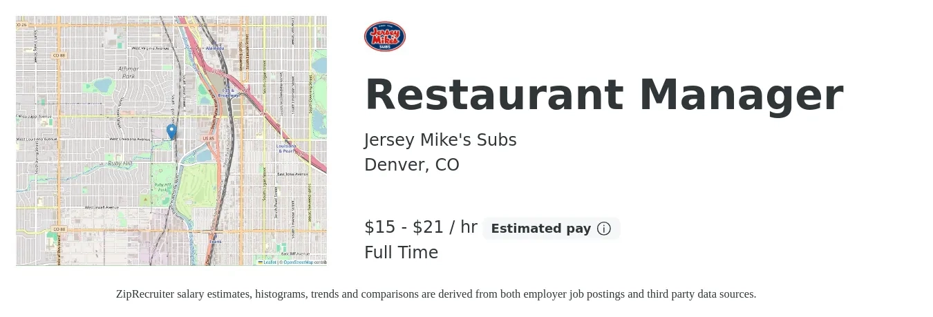 Jersey Mike's Subs job posting for a Restaurant Manager in Denver, CO with a salary of $16 to $18 Hourly with a map of Denver location.