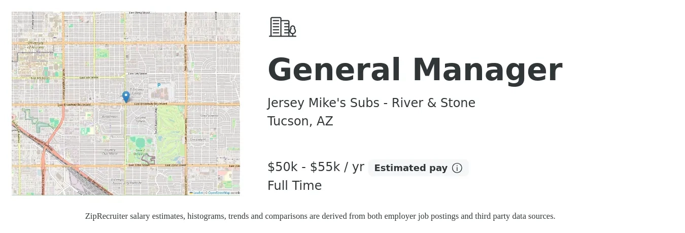 Jersey Mike's Subs - River & Stone job posting for a General Manager in Tucson, AZ with a salary of $50,000 to $55,000 Yearly with a map of Tucson location.