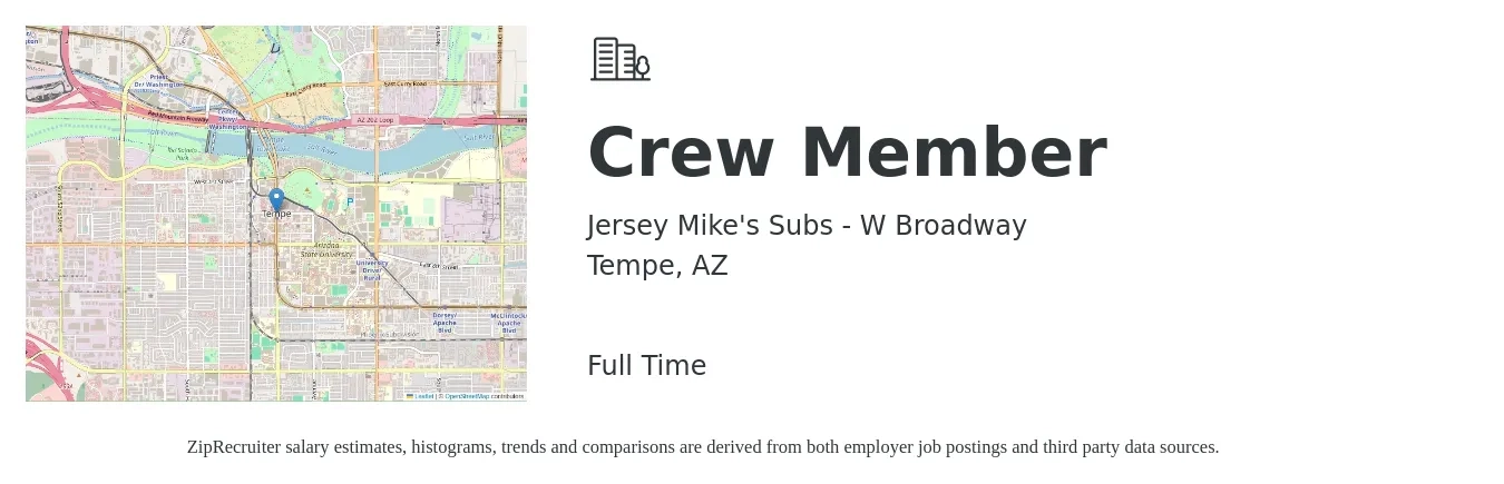 Jersey Mike's Subs - W Broadway job posting for a Crew Member in Tempe, AZ with a salary of $12 to $15 Hourly with a map of Tempe location.