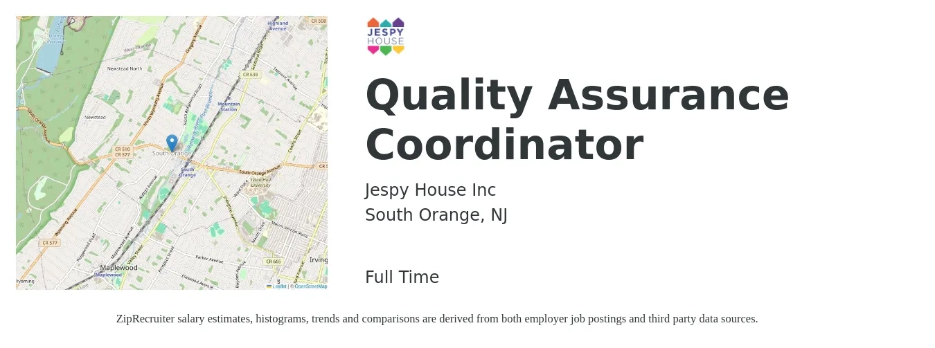 Jespy House Inc job posting for a Quality Assurance Coordinator in South Orange, NJ with a salary of $22 to $32 Hourly with a map of South Orange location.