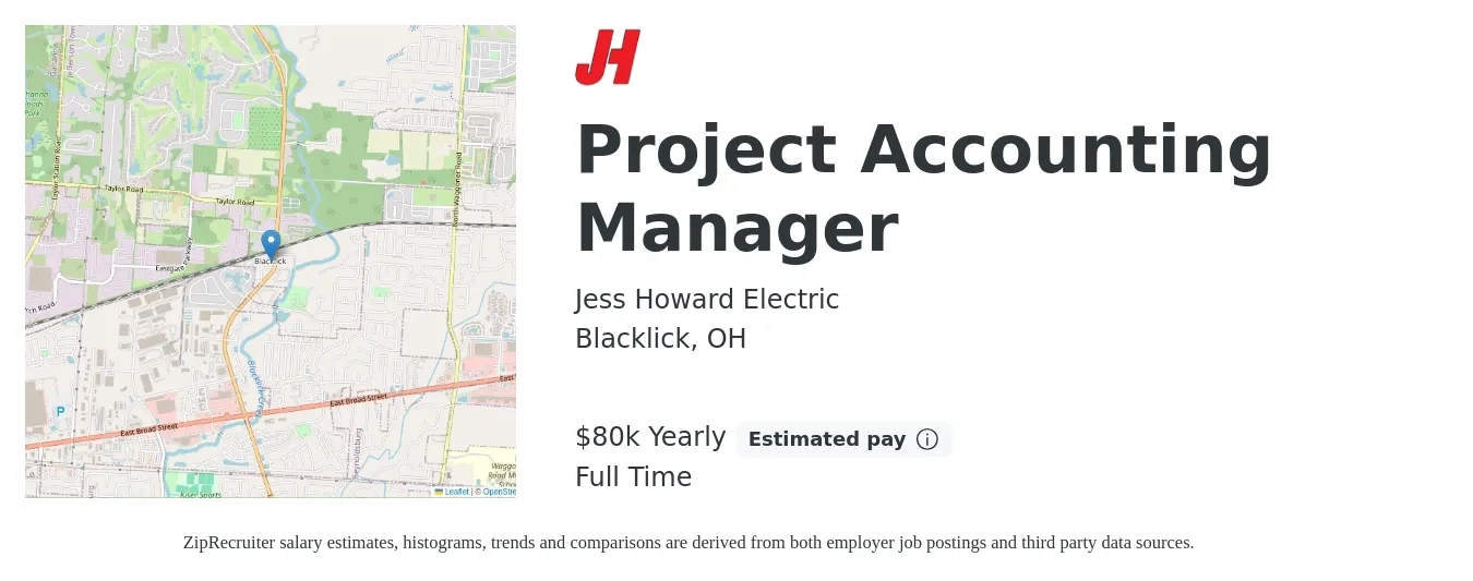 Jess Howard Electric job posting for a Project Accounting Manager in Blacklick, OH with a salary of $80,000 Yearly with a map of Blacklick location.