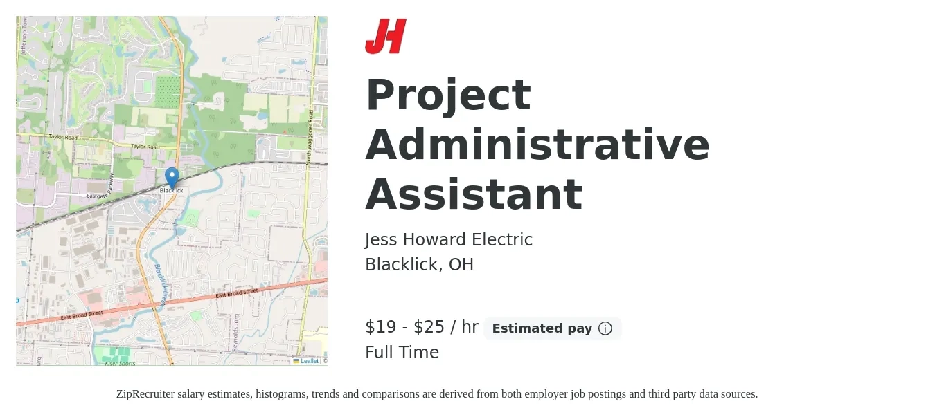 Jess Howard Electric job posting for a Project Administrative Assistant in Blacklick, OH with a salary of $20 to $27 Hourly with a map of Blacklick location.
