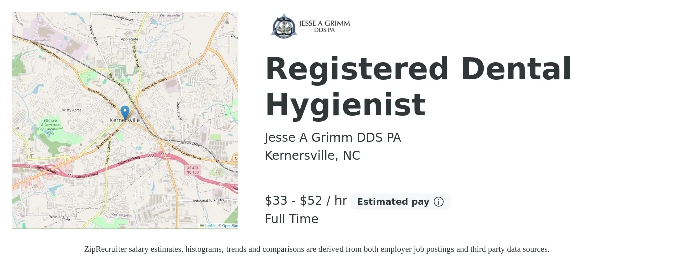 Jesse A Grimm DDS PA job posting for a Registered Dental Hygienist in Kernersville, NC with a salary of $35 to $55 Hourly and benefits including pto, and retirement with a map of Kernersville location.