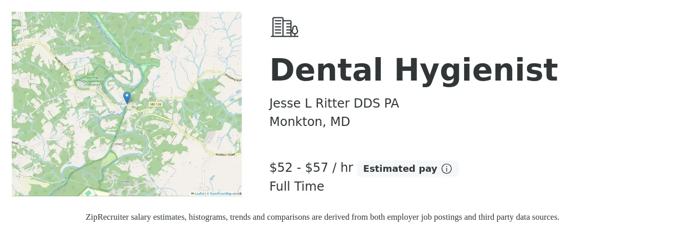 Jesse L Ritter DDS PA job posting for a Dental Hygienist in Monkton, MD with a salary of $55 to $60 Hourly with a map of Monkton location.