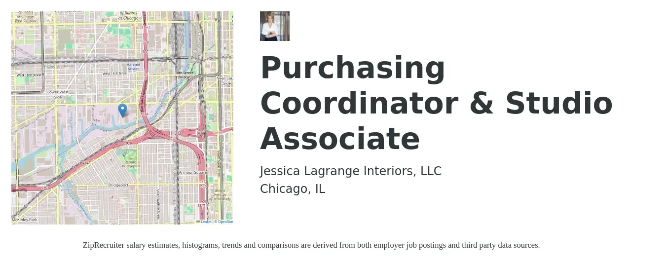 Jessica Lagrange Interiors, LLC job posting for a Purchasing Coordinator & Studio Associate in Chicago, IL with a salary of $22 to $29 Hourly with a map of Chicago location.