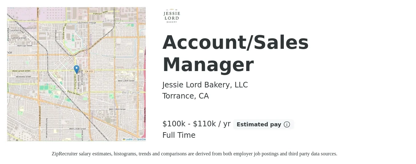 Jessie Lord Bakery, LLC job posting for a Account/Sales Manager in Torrance, CA with a salary of $100,000 to $110,000 Yearly with a map of Torrance location.