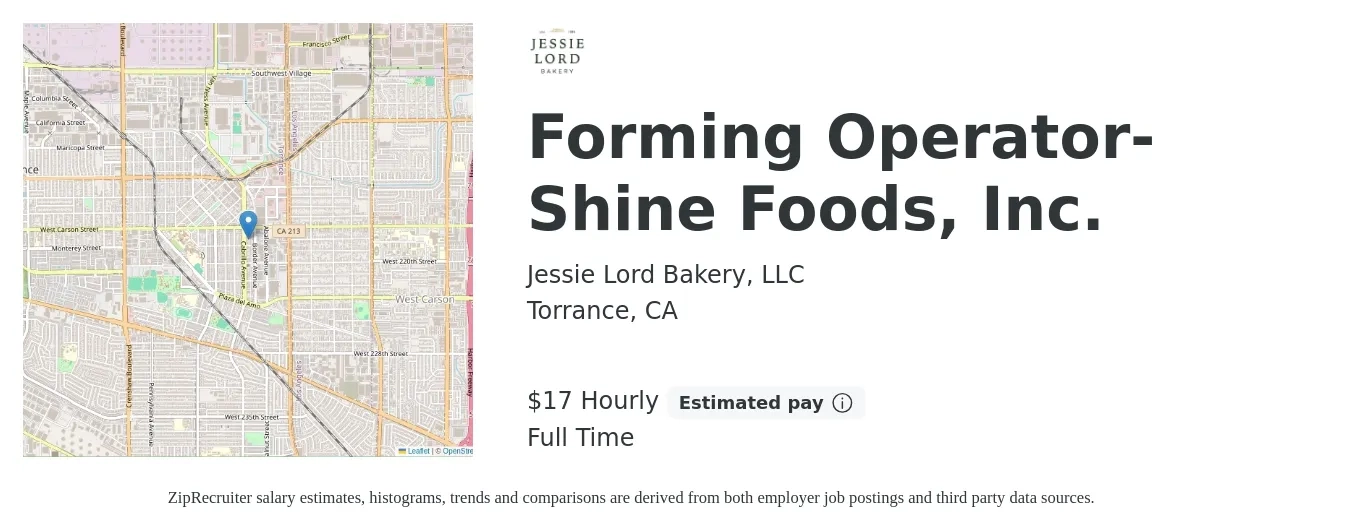 Jessie Lord Bakery, LLC job posting for a Forming Operator- Shine Foods, Inc. in Torrance, CA with a salary of $18 to $18 Hourly with a map of Torrance location.