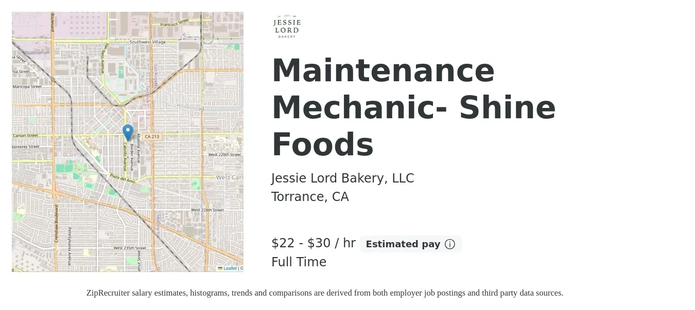 Jessie Lord Bakery, LLC job posting for a Maintenance Mechanic- Shine Foods in Torrance, CA with a salary of $23 to $32 Hourly with a map of Torrance location.