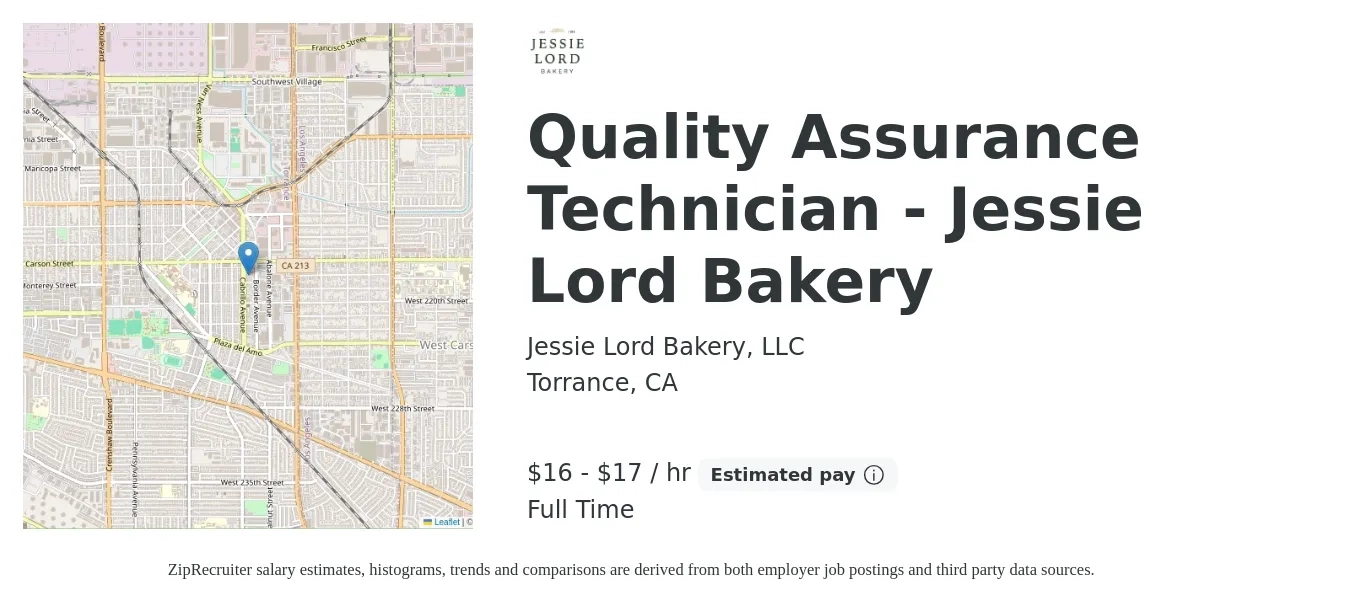 Jessie Lord Bakery, LLC job posting for a Quality Assurance Technician - Jessie Lord Bakery in Torrance, CA with a salary of $17 to $18 Hourly with a map of Torrance location.