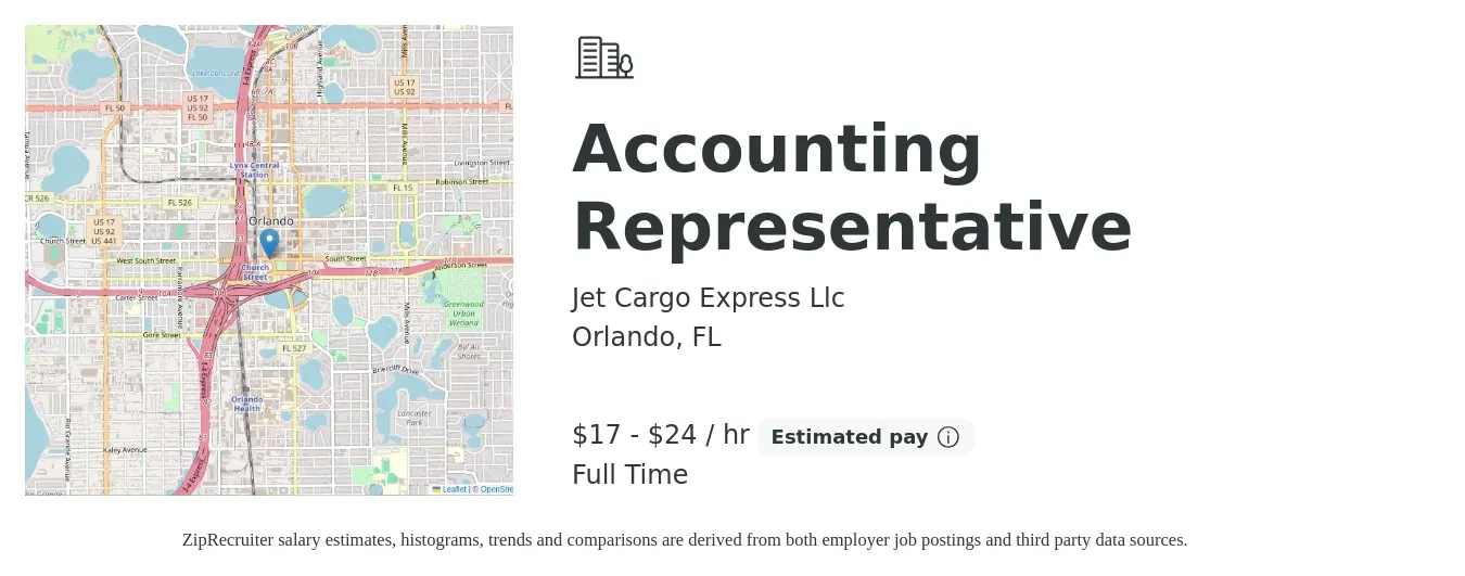 Jet Cargo Express Llc job posting for a Accounting Representative in Orlando, FL with a salary of $18 to $25 Hourly with a map of Orlando location.
