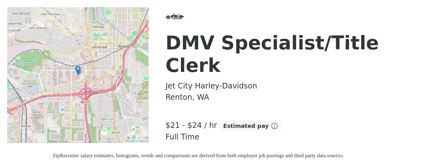 Jet City Harley-Davidson job posting for a DMV Specialist/Title Clerk in Renton, WA with a salary of $22 to $25 Hourly with a map of Renton location.