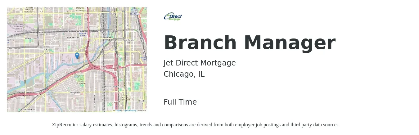Jet Direct Mortgage job posting for a Branch Manager in Chicago, IL with a salary of $57,400 to $86,700 Yearly with a map of Chicago location.